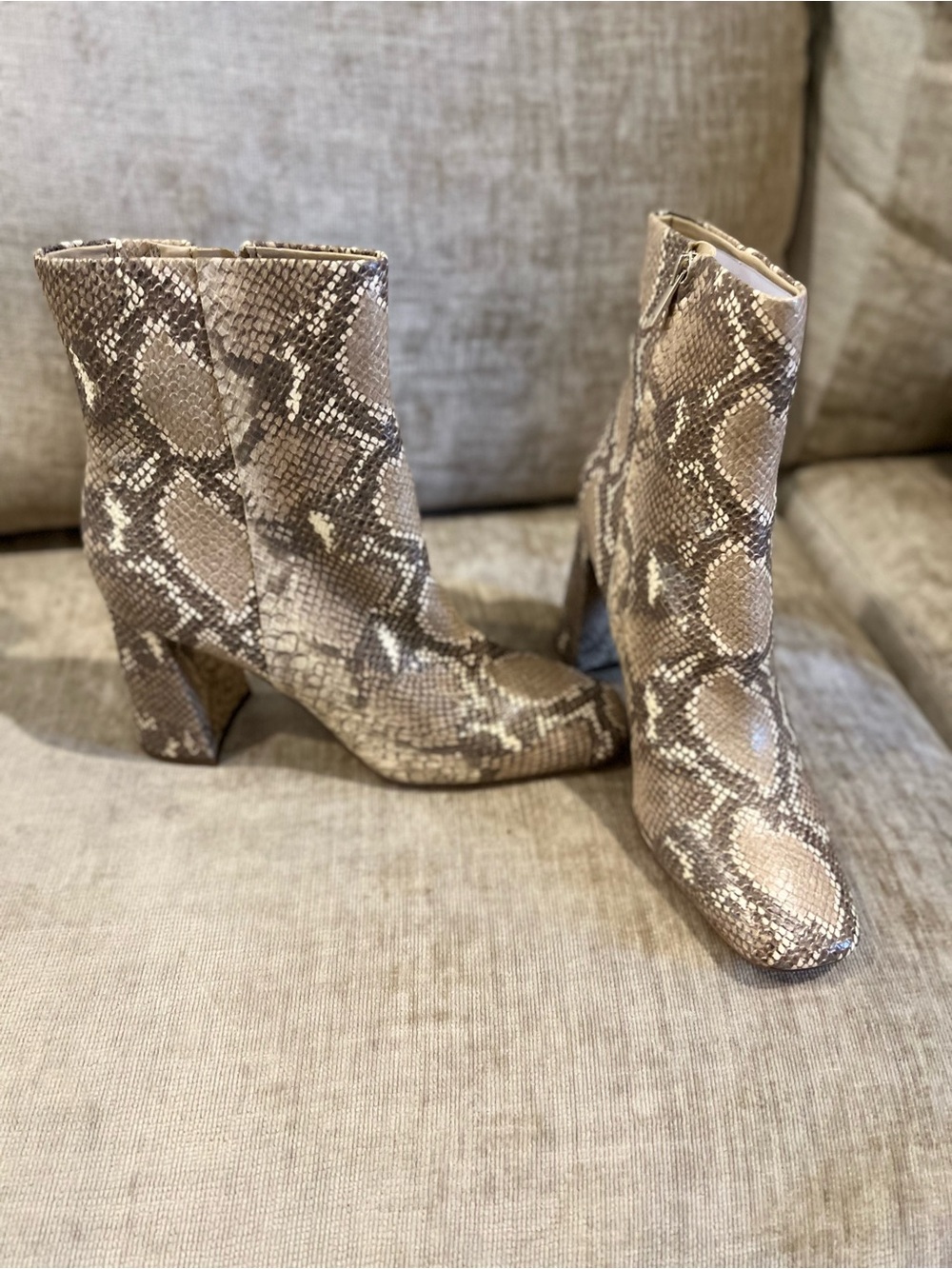Sam Edelman Snake-Print Ankle Boots in Taupe and Cream